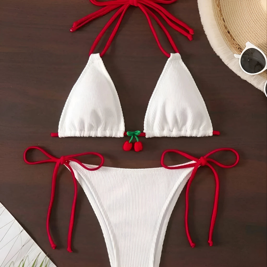 Women's bikini swimsuit set in a briefs style, shown in one of five solid colours: apricot, matcha, orange, pink, or white.