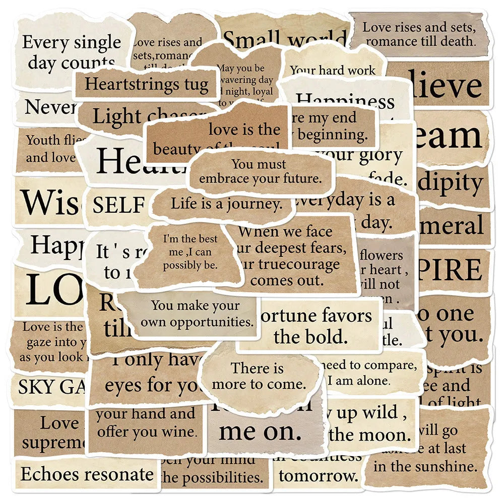 25 pack of tear English design decorative PVC stickers for laptops, showing matte finish and various sizes between 4 and 7cm.