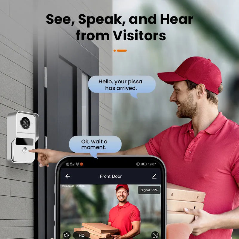 1080P wireless video intercom doorbell system with outdoor camera and indoor monitor on a 10-inch display.