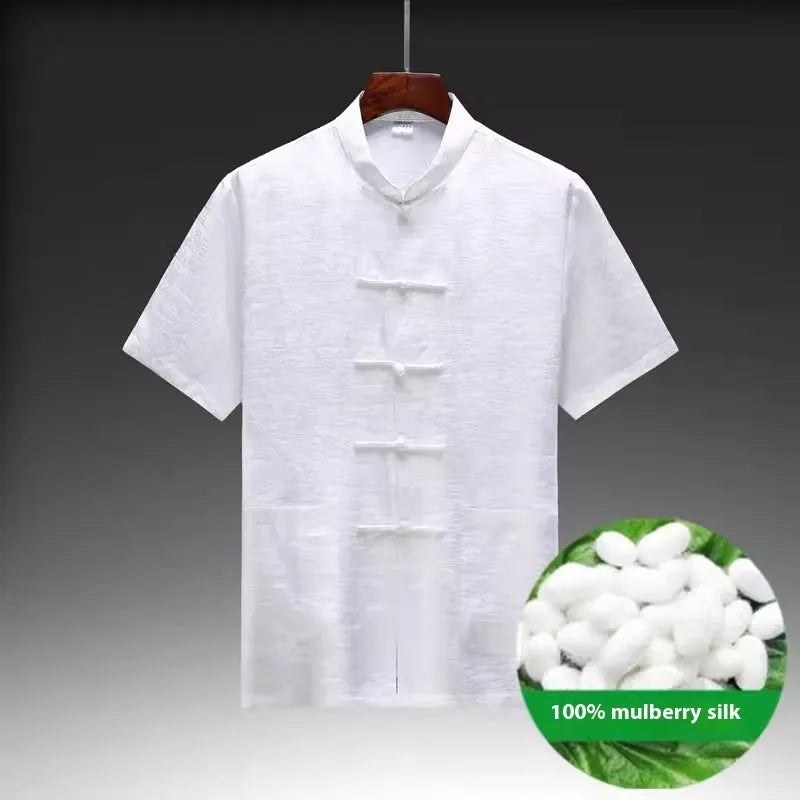 Traditional mulberry silk Tang suit jacket for men in light green, featuring a Mandarin collar and Chinese style design.