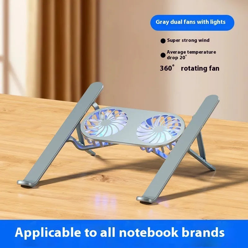Silver aluminium laptop stand with twin cooling fans in folded position next to cloth storage bag
