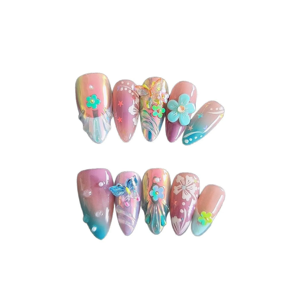 Handmade colourful nail art set with embossed small flower and butterfly sculptures for almond-shaped manicures.