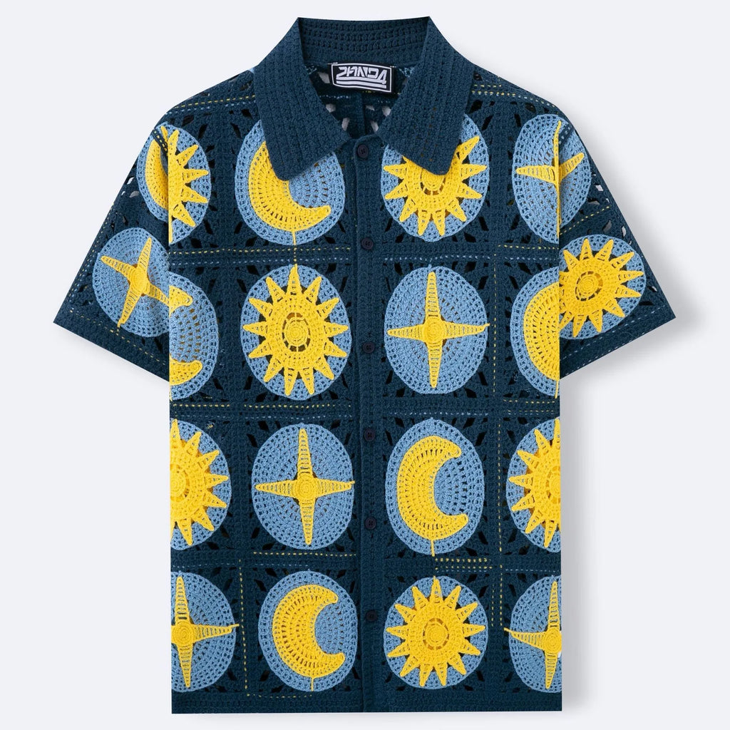 Navy blue men's cardigan with a raised cartoon flocking pattern on the front, featuring short sleeves.