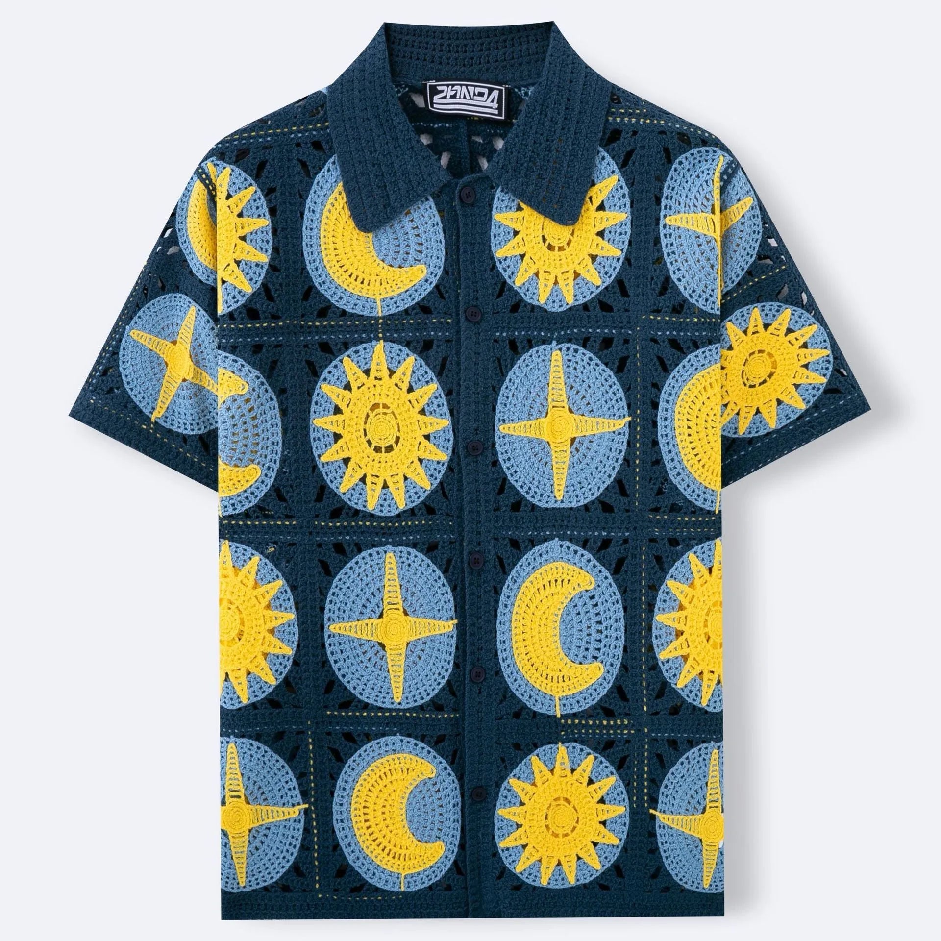 Navy blue men's cardigan with a raised cartoon flocking pattern on the front, featuring short sleeves.