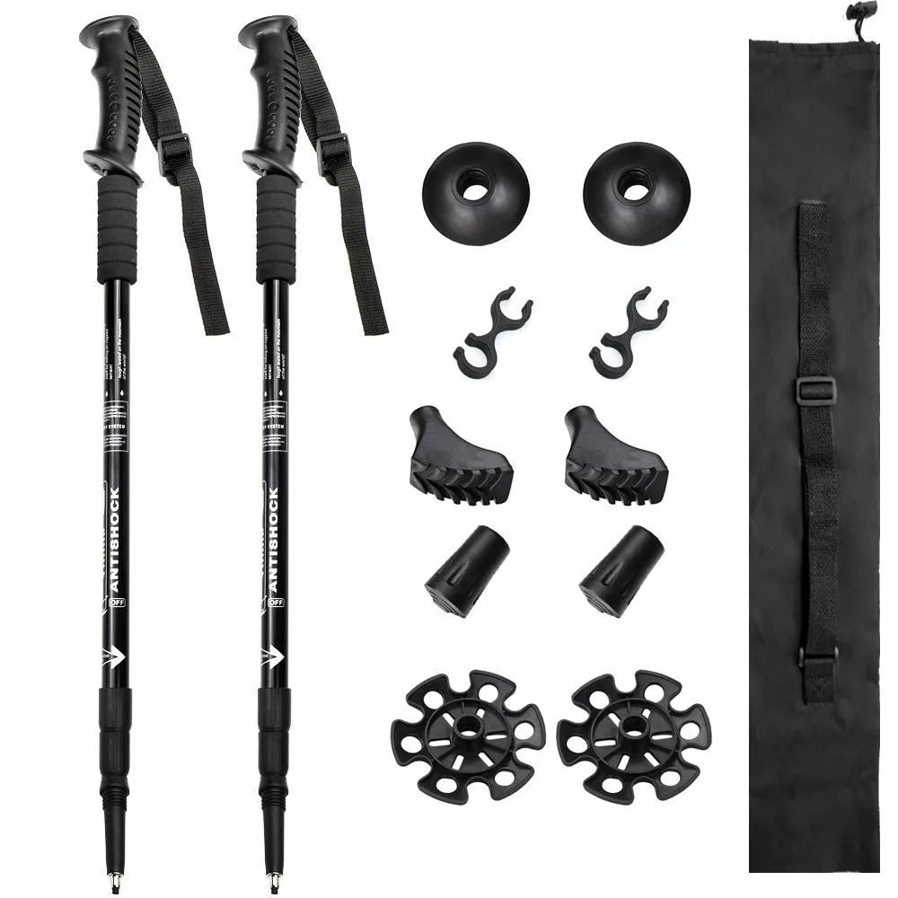 Aluminium telescopic trekking poles with multiple tip accessories in black, blue, silver, or red.