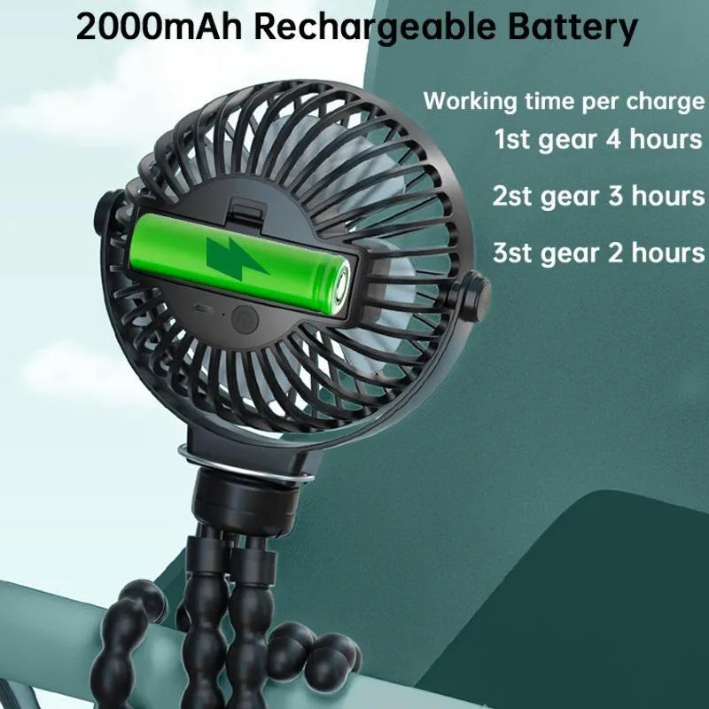 Black flexible tripod clip-on portable fan showing 360° rotation head and safety barrier around blades.
