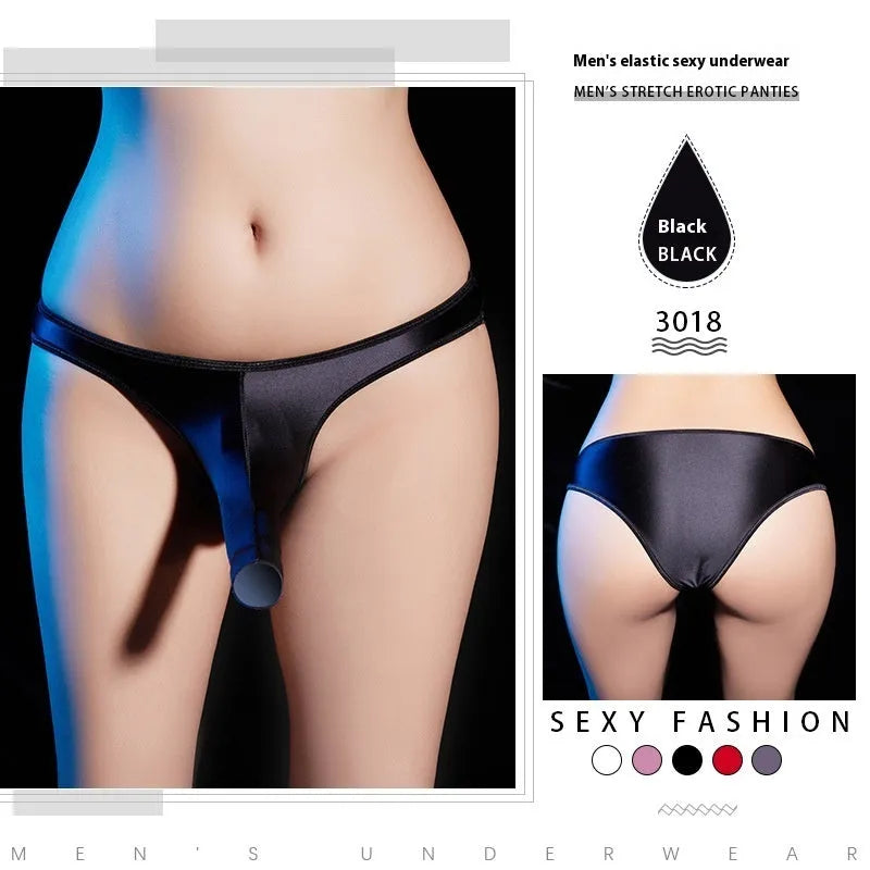 Men's low waist T-back underwear in shiny nylon fabric on a colour swatch showing black, grey, pink, red and white.