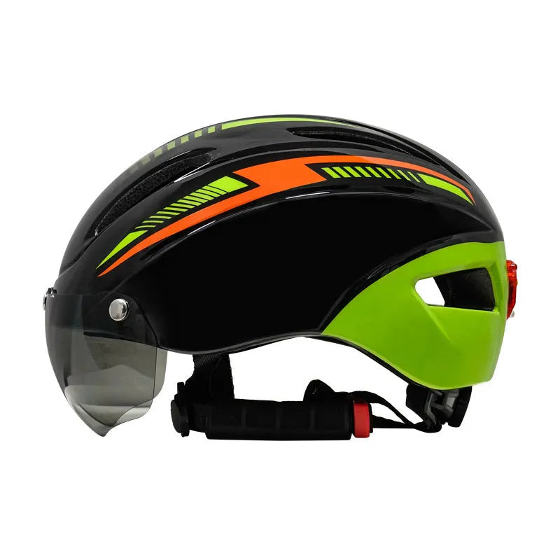 Adult bicycle helmet with integrated rear red taillight shown in a black and blue colour variant.