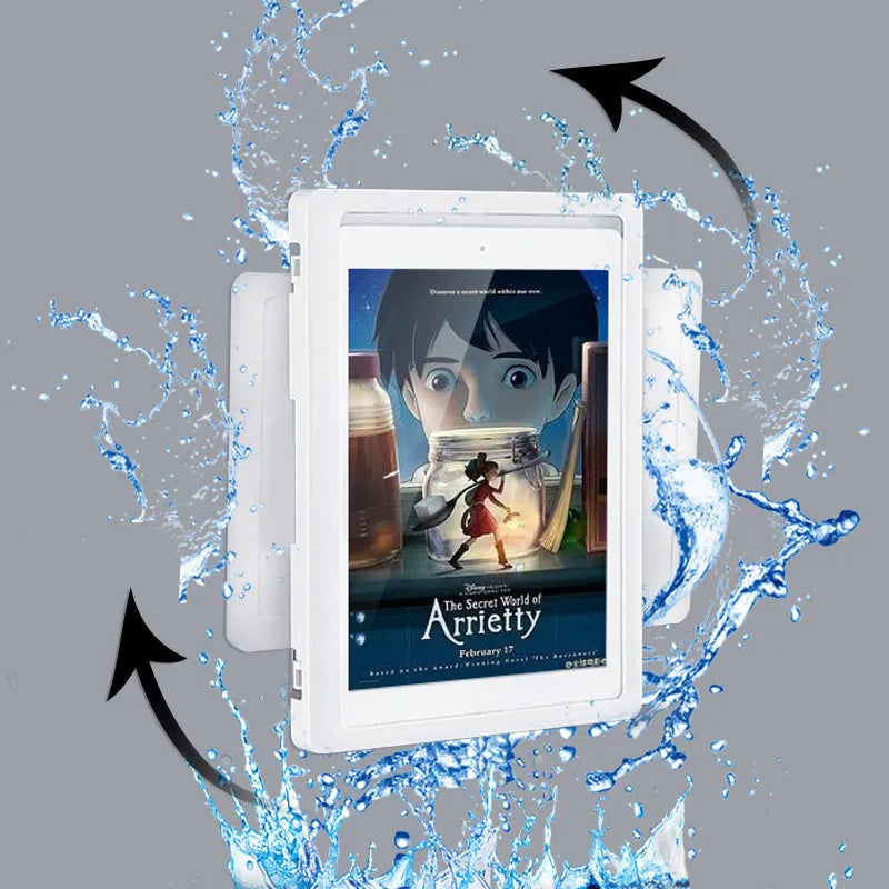 Waterproof phone holder mounted on bathroom tile with phone visible through anti-fog window
