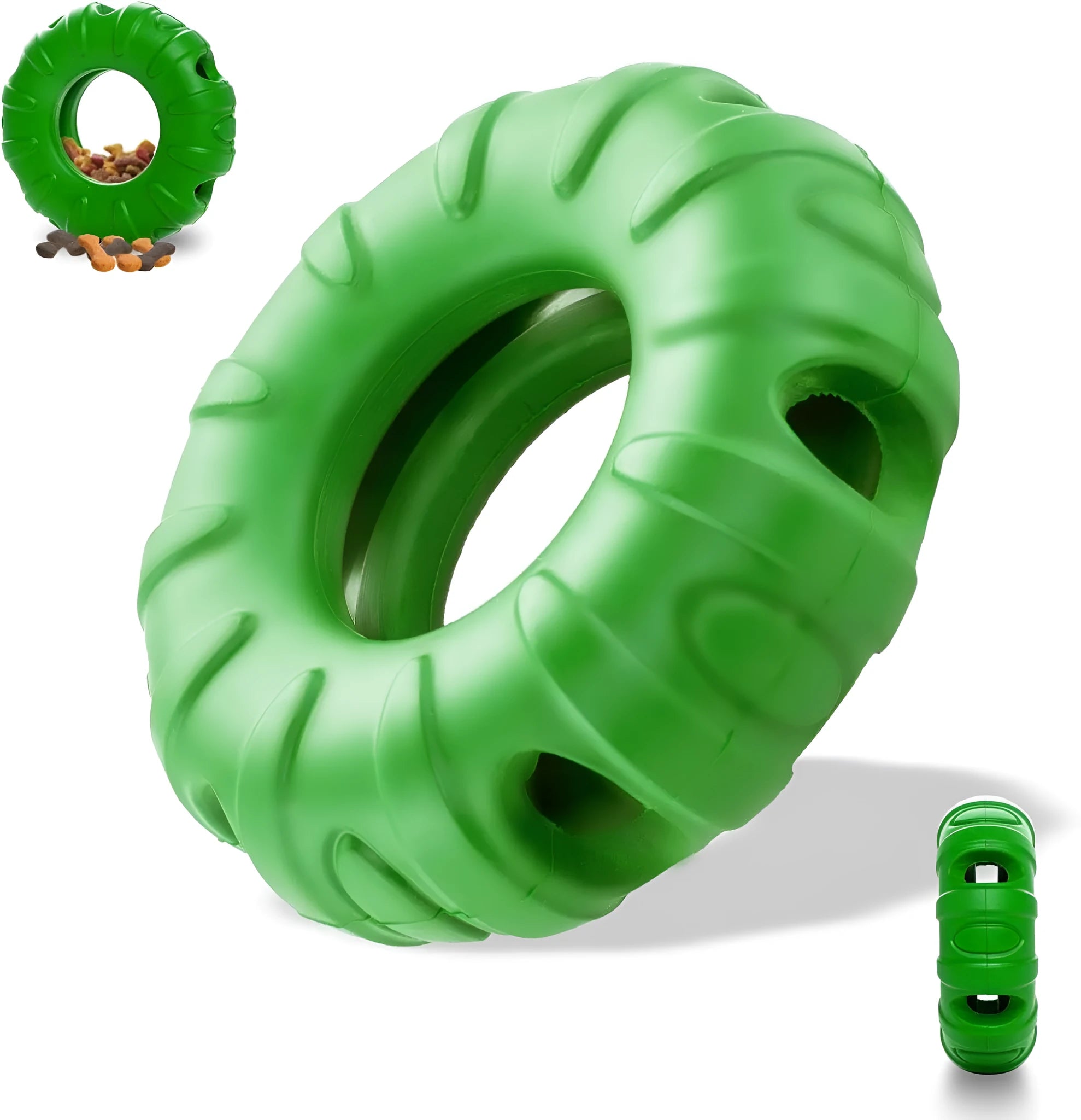 Blue rubber tyre-shaped dog chew toy with oval openings, shown as a slow feeder and interactive puzzle toy