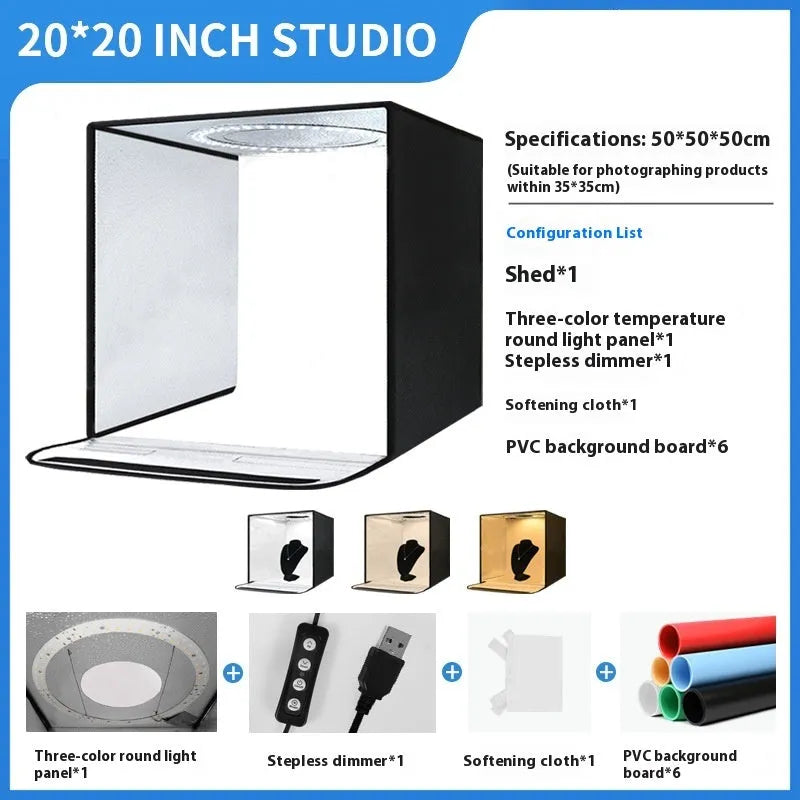 50cm folding studio light box with USB LED panels and reflective cloth interior for product photography