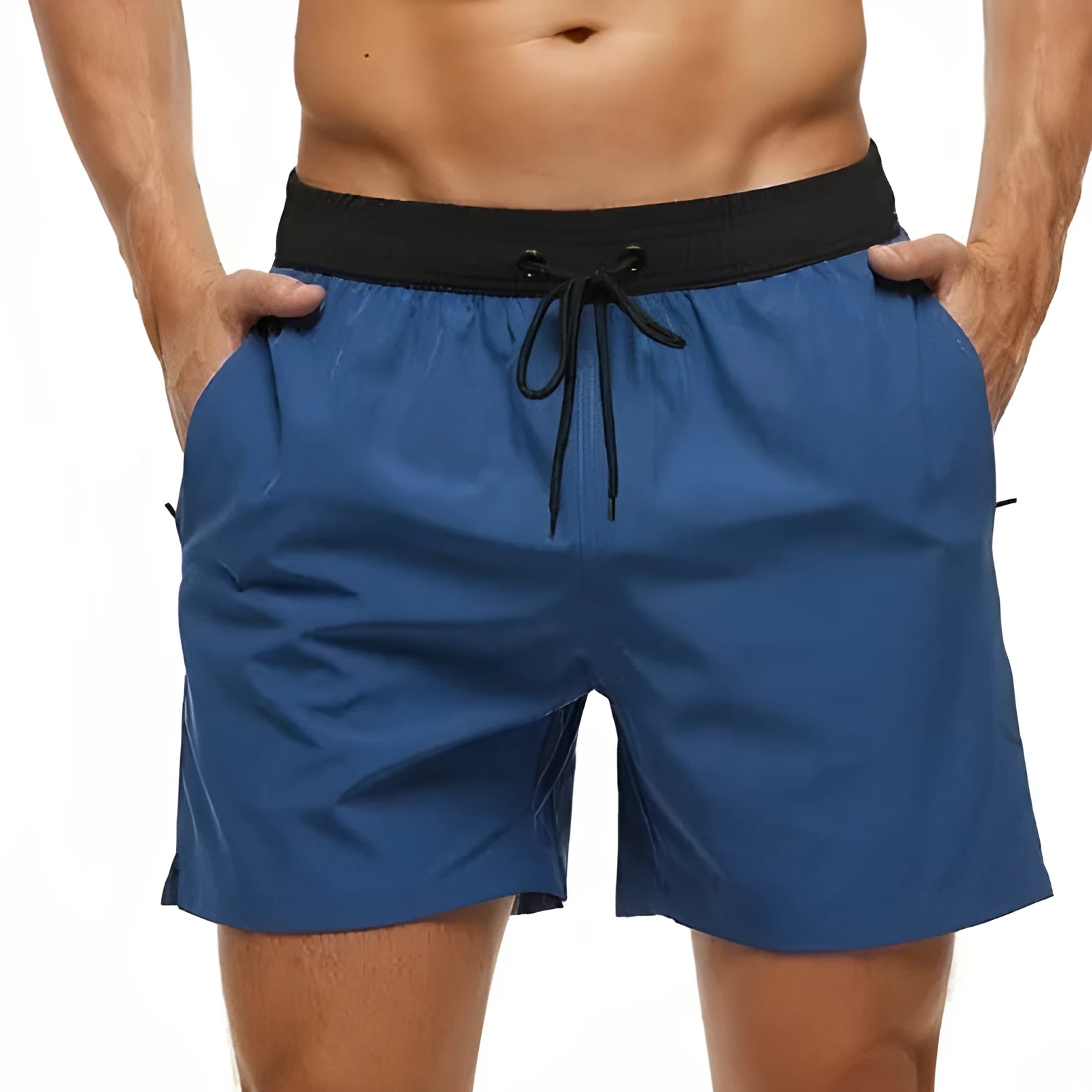 Men's blue running shorts with a stitching waistband, drawstring, and zipper pocket.