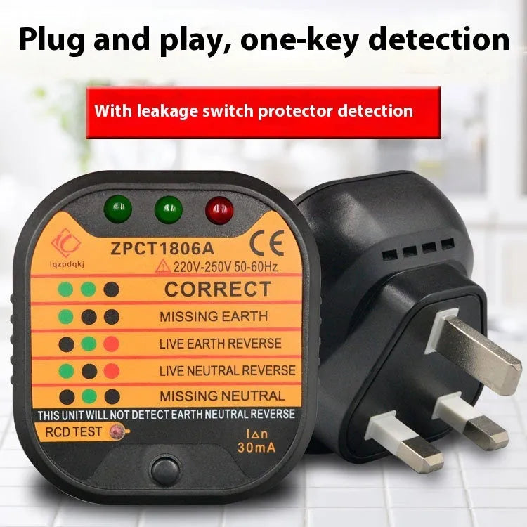Black electrical socket tester for UK, EU and US plugs showing LED indicators for wiring faults.