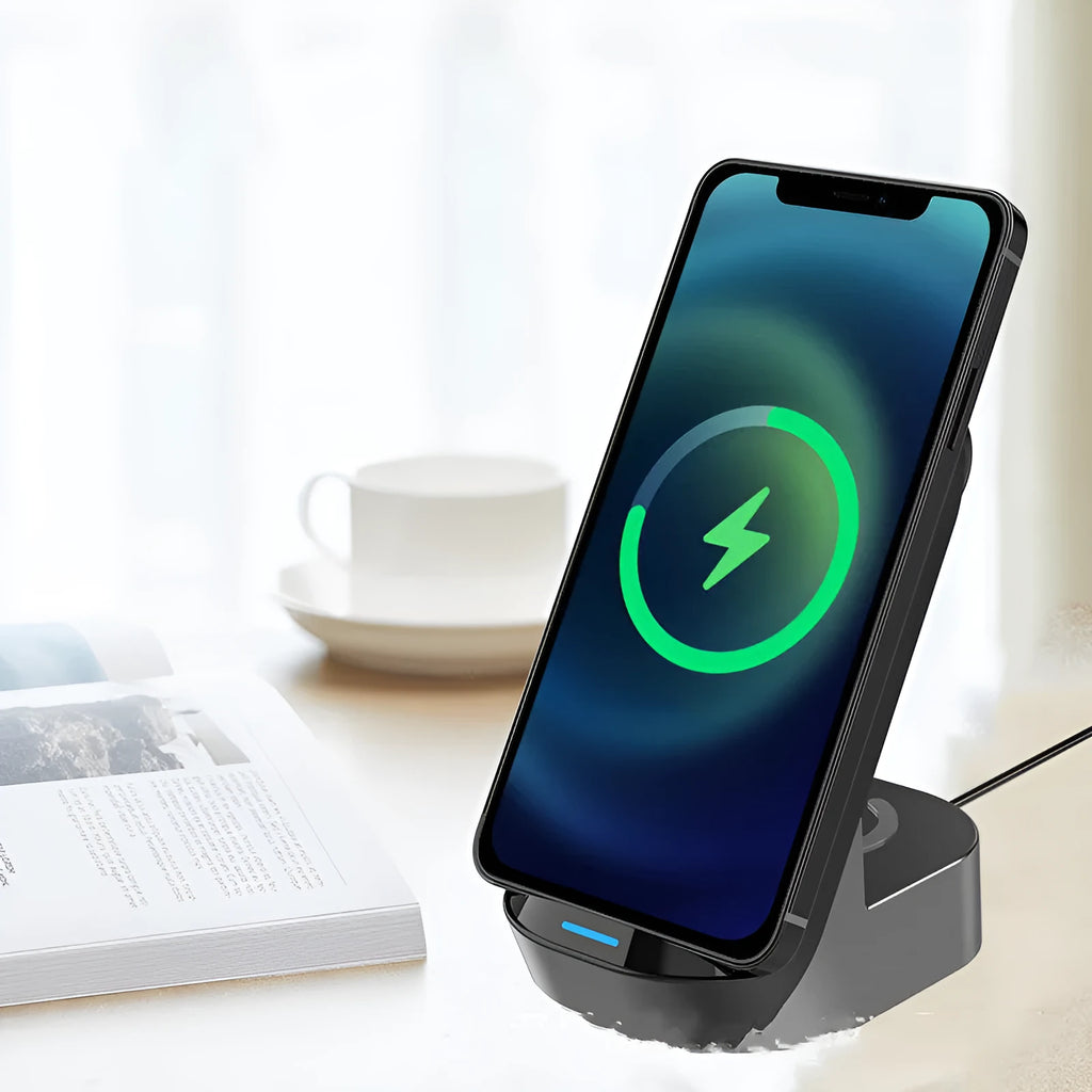 Black grey foldable 3-in-1 wireless charging stand for iPhone, Apple Watch and AirPods case.
