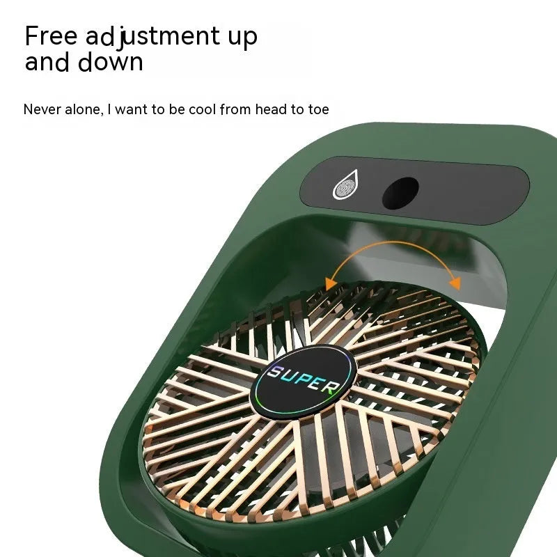 Green and white USB portable misting fan air cooler humidifier on a desk