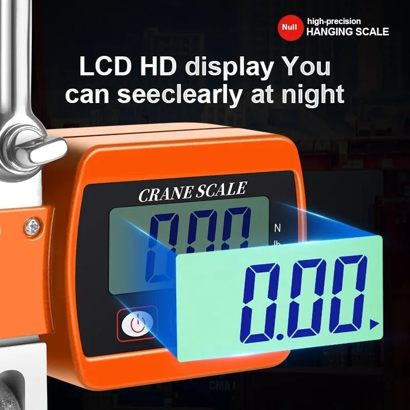 Electronic digital hook scale in blue, showing display and hook, for portable weighing up to 500kg.