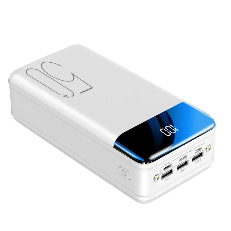 Black and white large capacity 50000mAh power bank with three USB output ports.