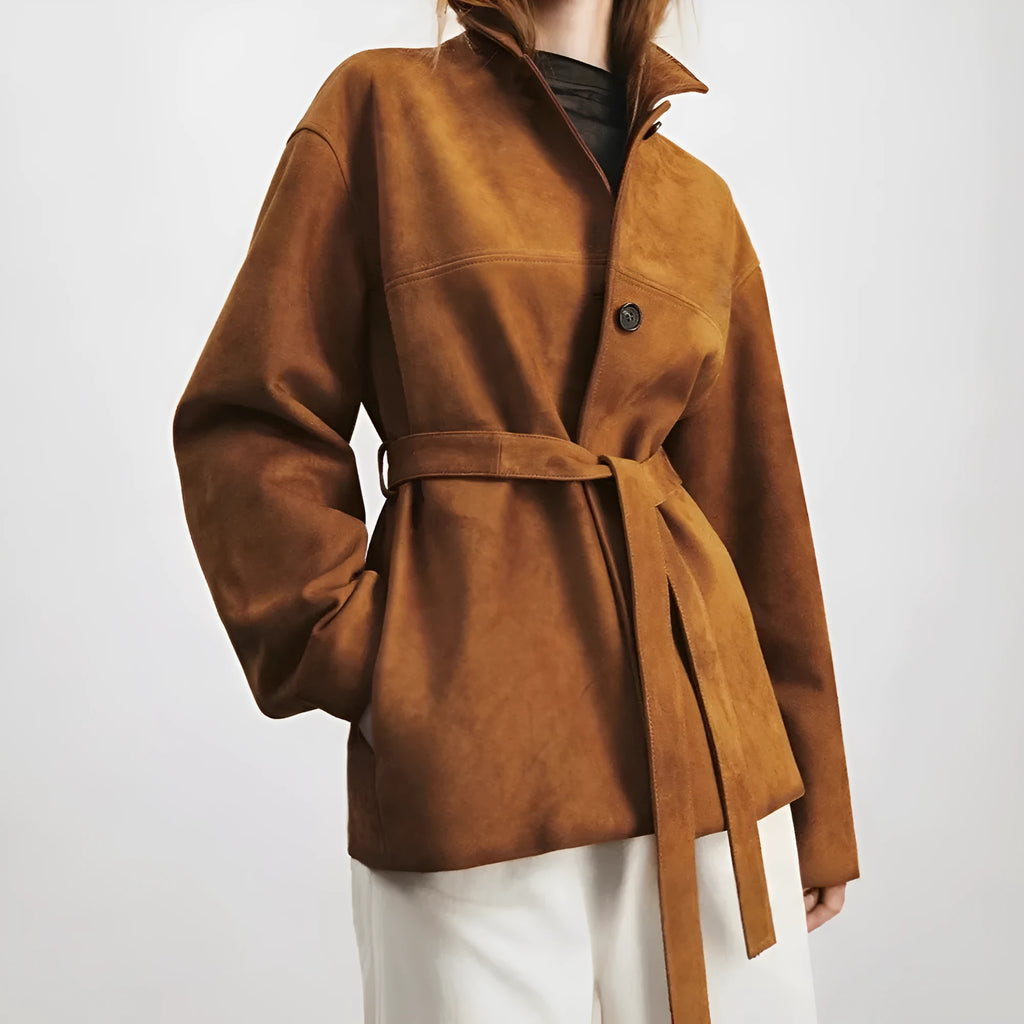 Women's caramel mocha retro cashmere coat with a Peter Pan collar and loose fit