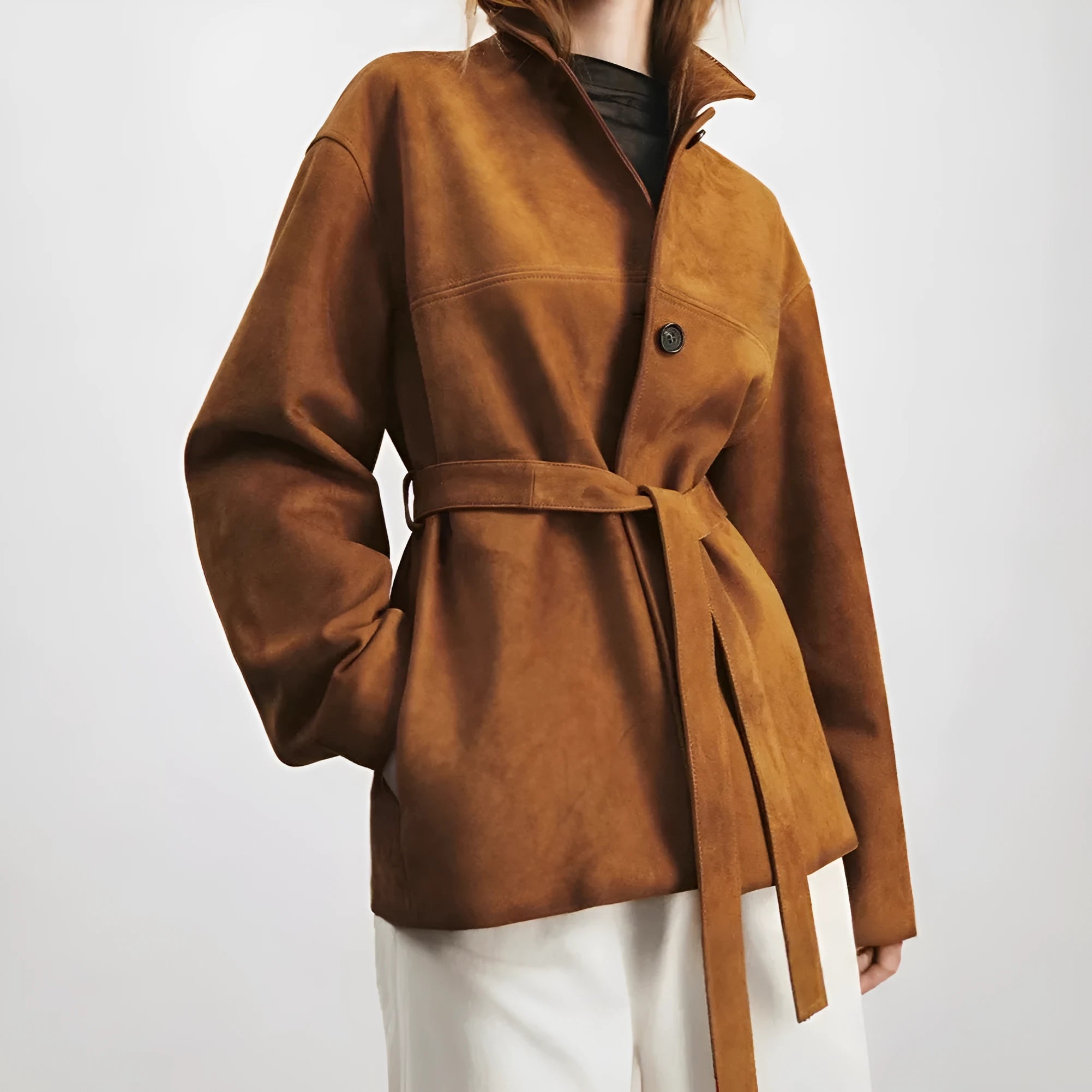 Women's caramel mocha retro cashmere coat with a Peter Pan collar and loose fit