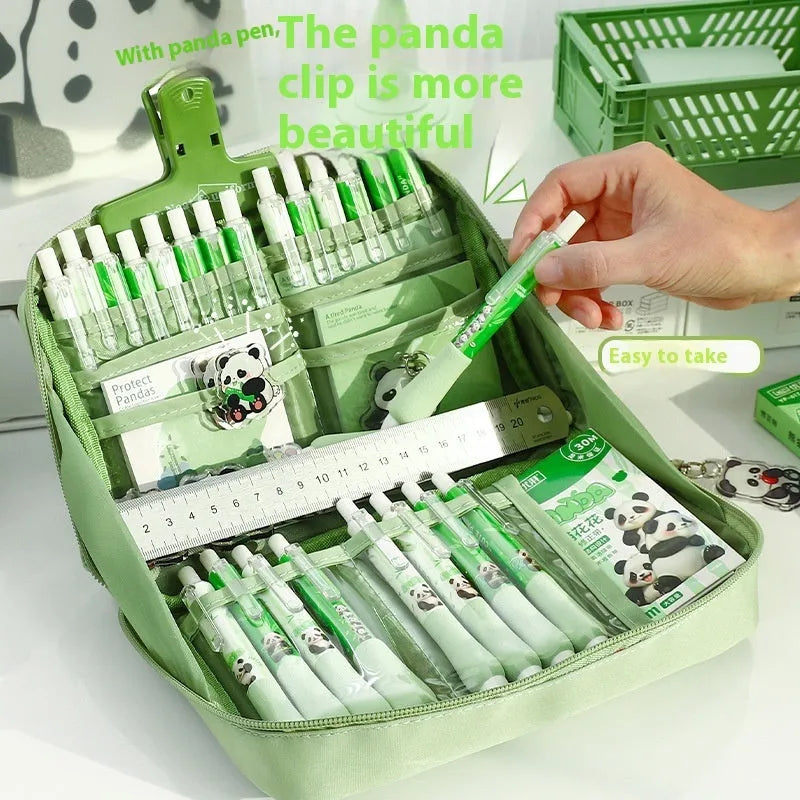 Green canvas panda pencil case with 12-layer organisation showing Korean style design