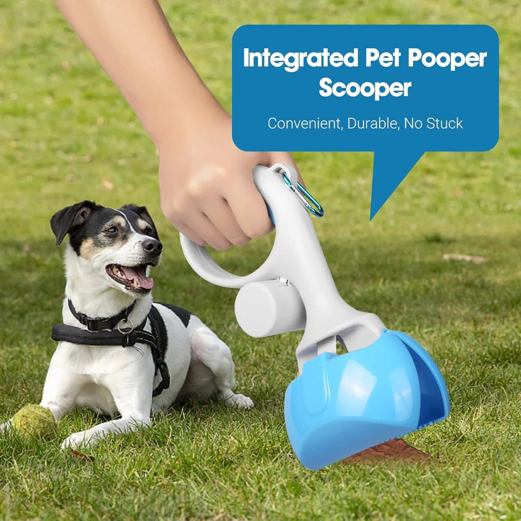 Black ABS plastic pet pooper scooper with integrated trash bag holder and top hanging hook.