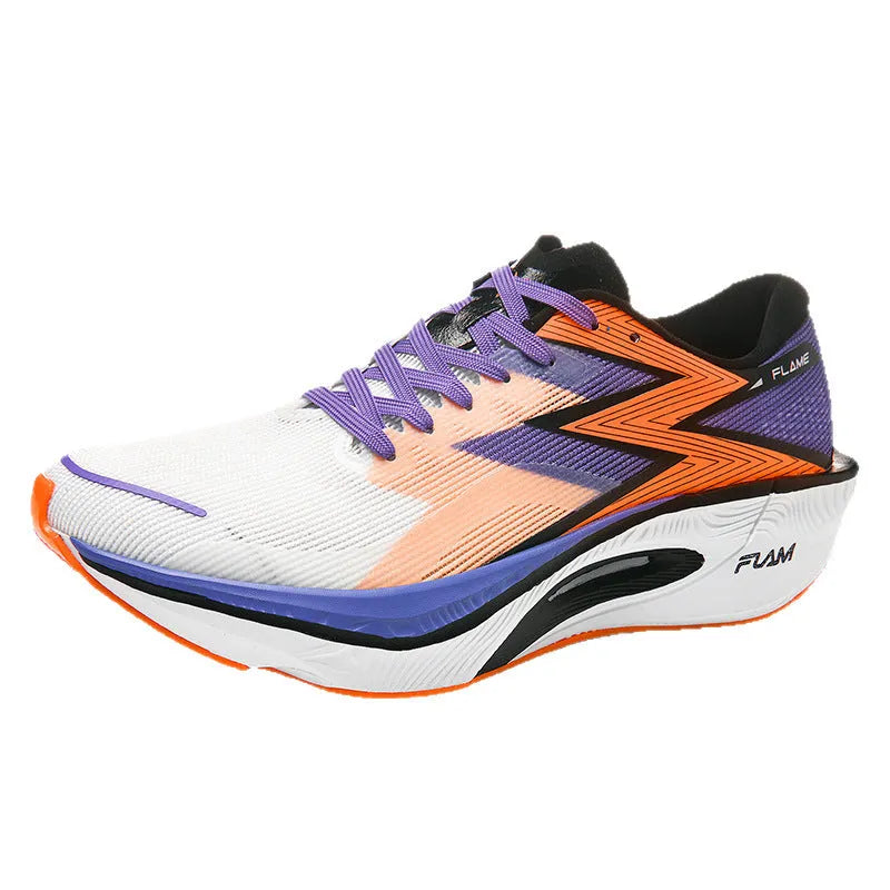 Marathon full palm carbon plate racing running shoes in multiple colours on a white background