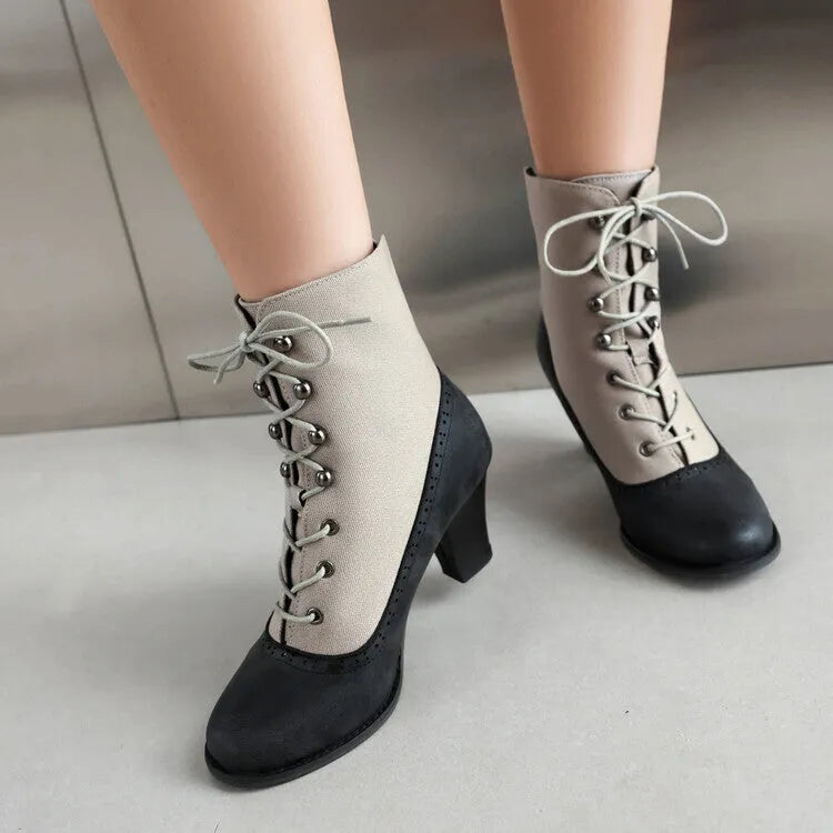 Retro British style cone heel Martin boots for women, artificial PU leather, front lace-up, available in brown