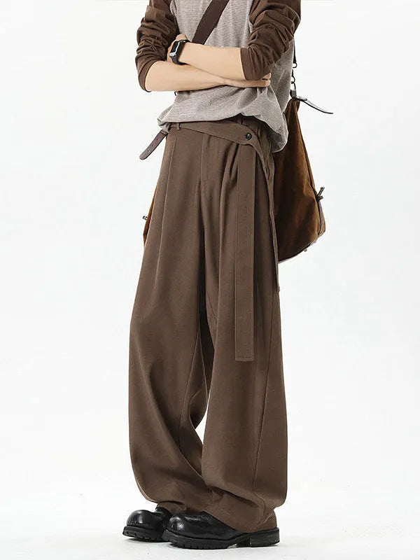 Men's plus size loose fit cotton blend casual trousers with ribbon oblique belt in black