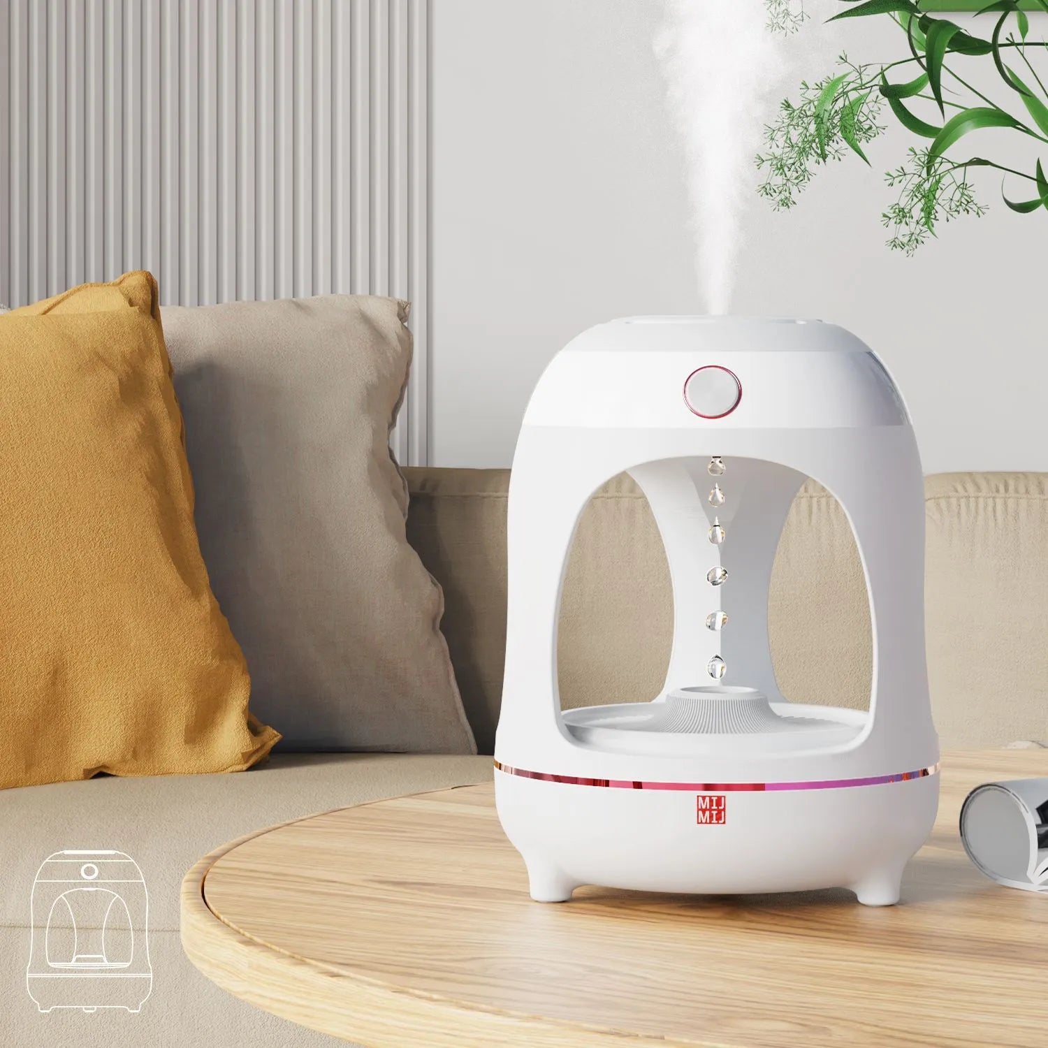 Rose gold and white levitating water drops humidifier with LED light on desk