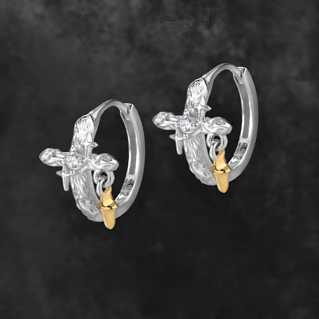 925 silver geometric cross earrings with round design elements in white gold colour