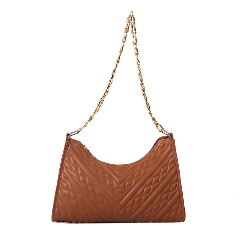 Vertical brown PU leather women's shoulder bag with a pleated front, chain strap, and soft handle.