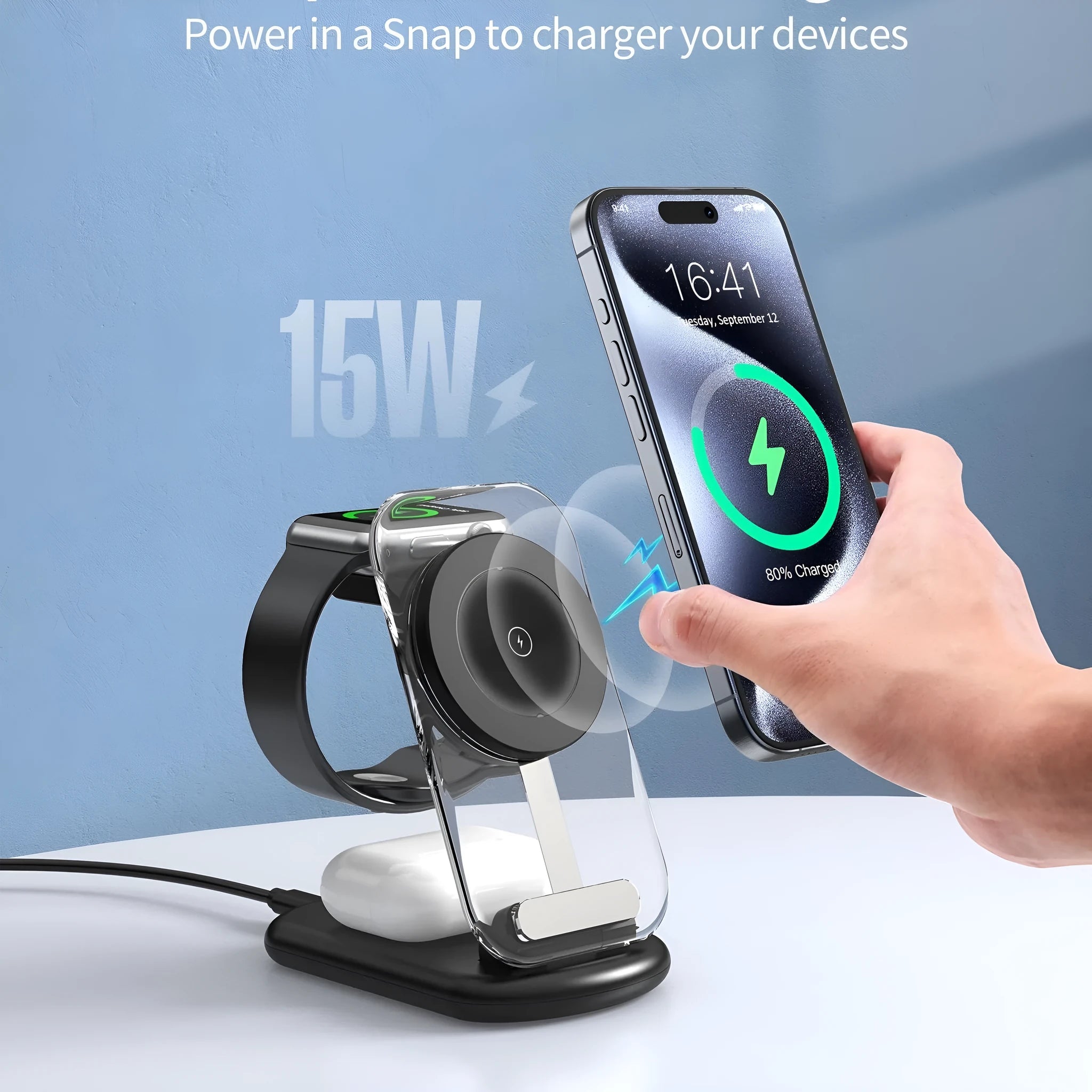 Transparent folding three-in-one magnetic wireless charger in black or white colour, showing fast charge QC3.0 support.