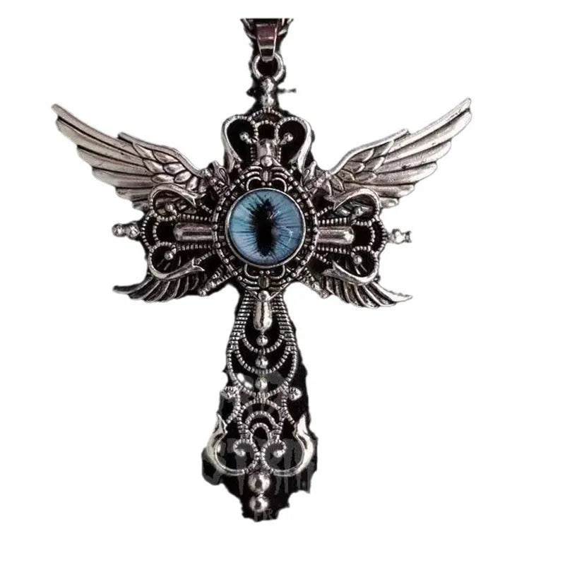 Geometric alloy pendant necklace featuring detailed devil wings and a cross, shown in multiple colour options.
