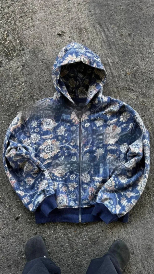 Men's red polyester hooded zip coat with loose fit and digital printing detail