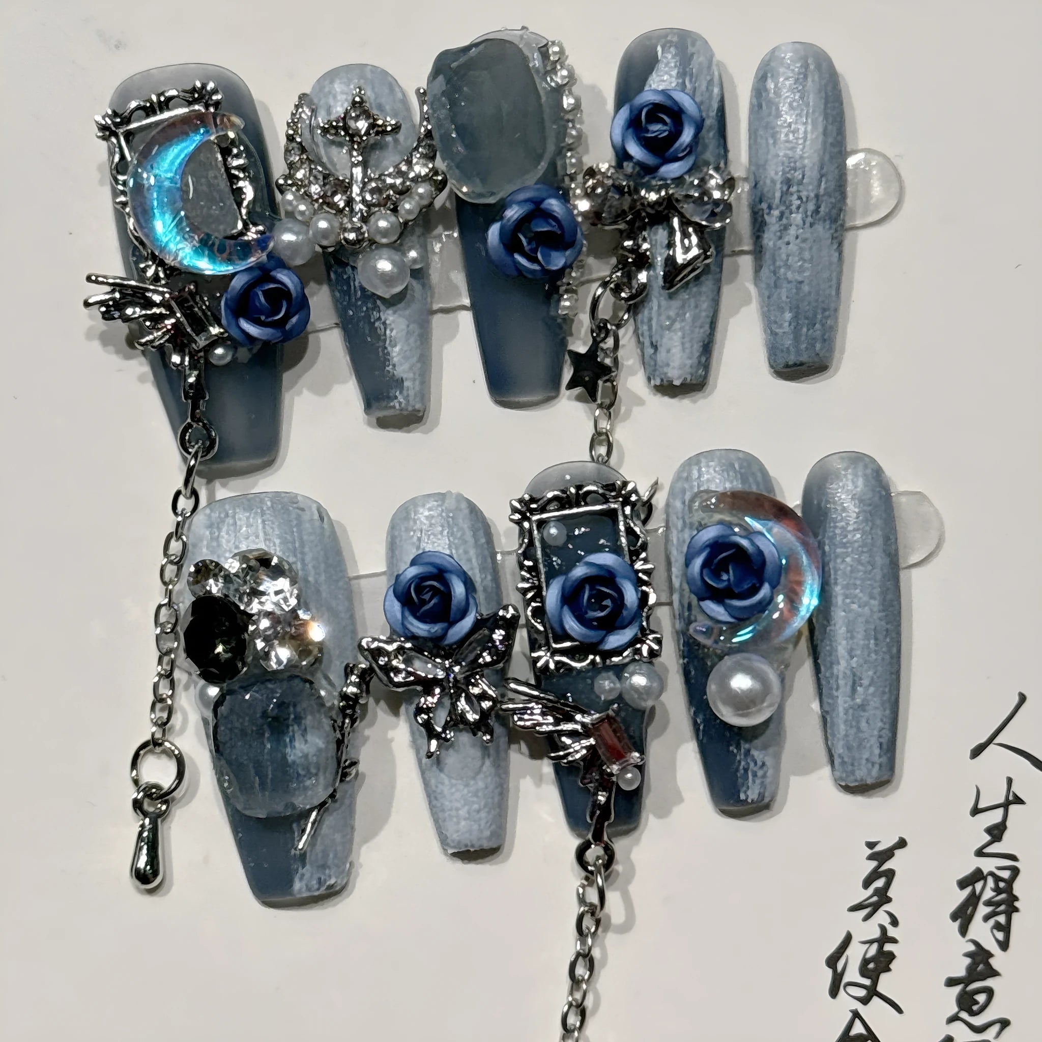 Heavy industry night blue evening nails with rose and tulip floral pattern in four sizes