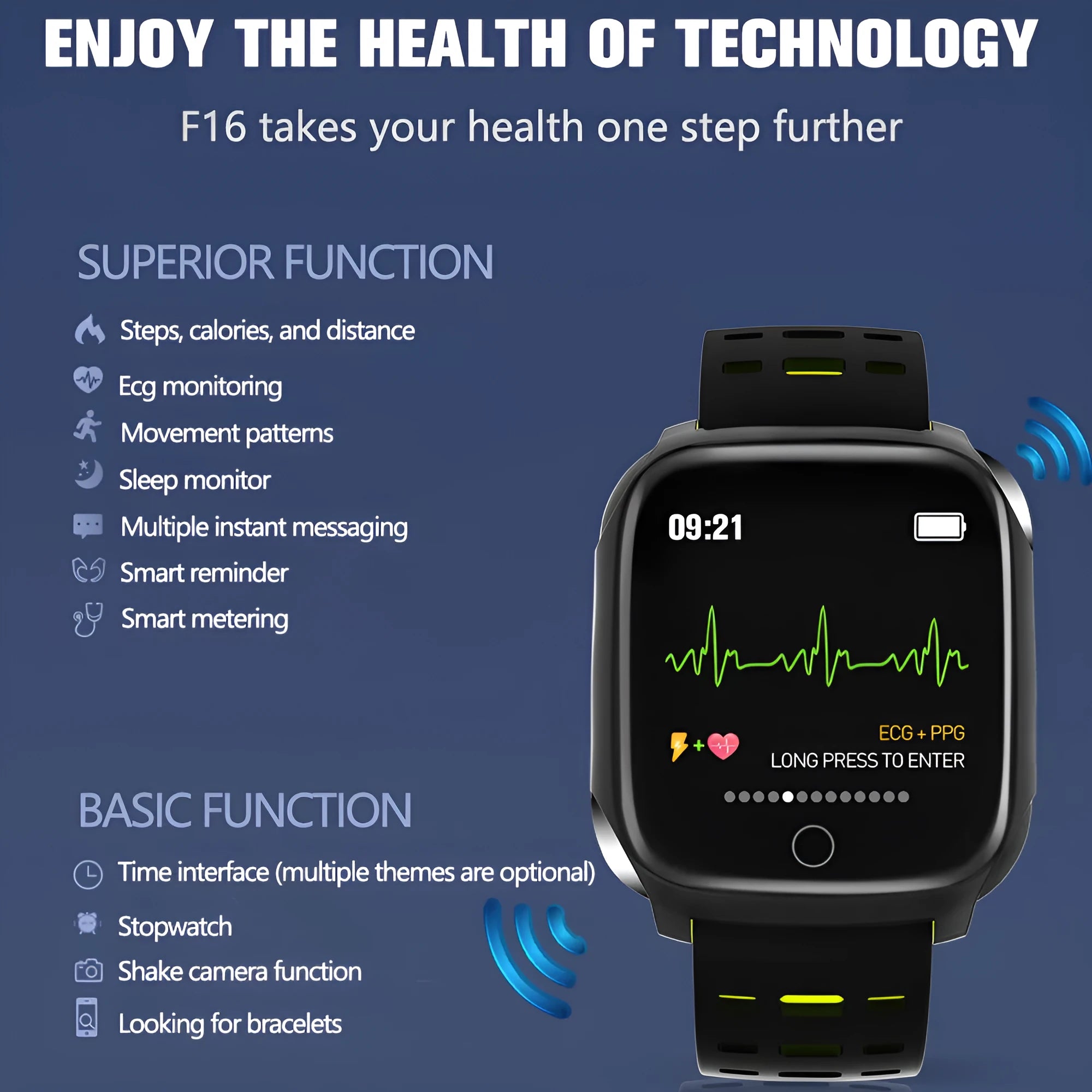 F16 smart watch with ECG monitor on a silicone strap, showing black, grey, green, and red colour options