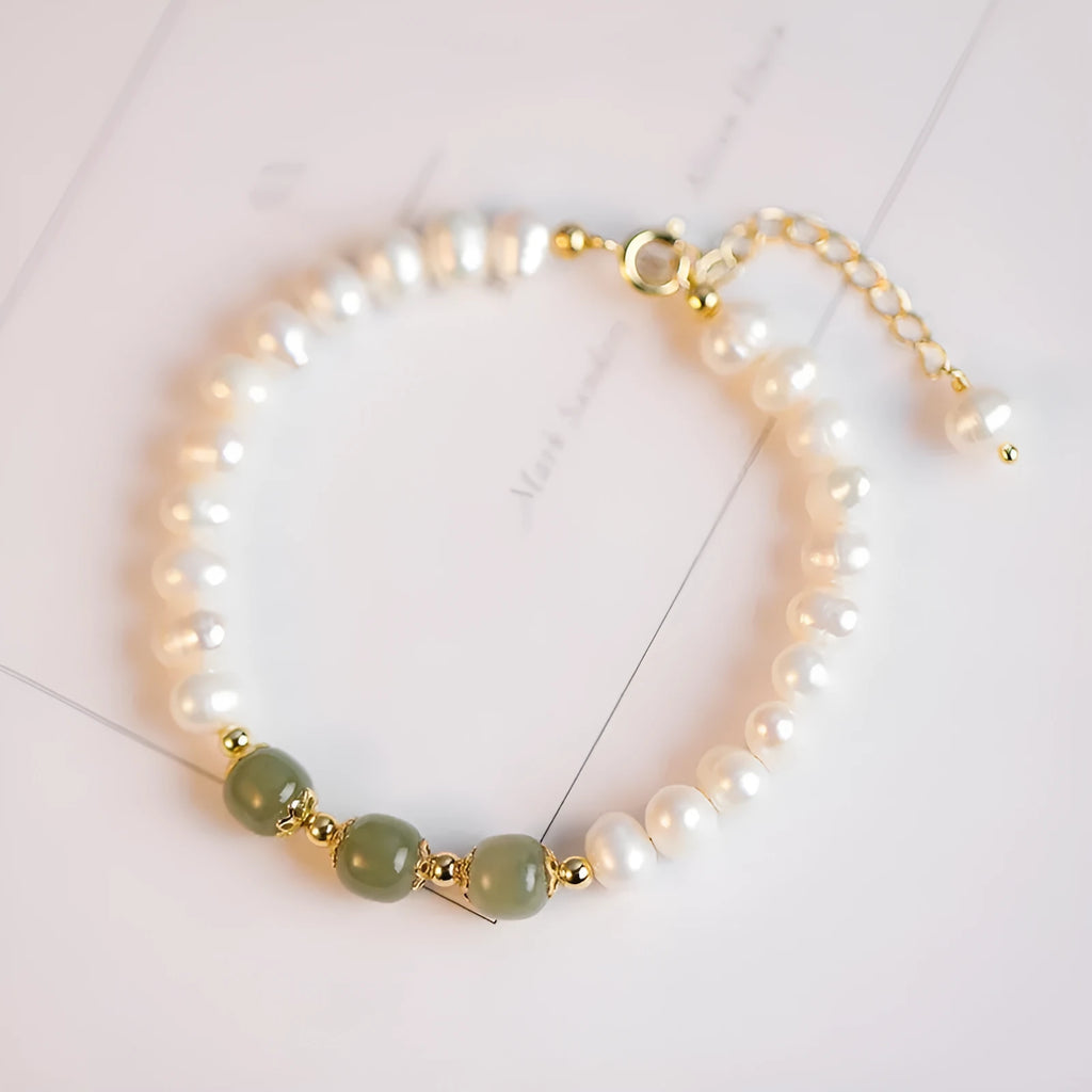Korean style freshwater pearl bracelet in diamond shape, showing deep Hetian jade colour variant.