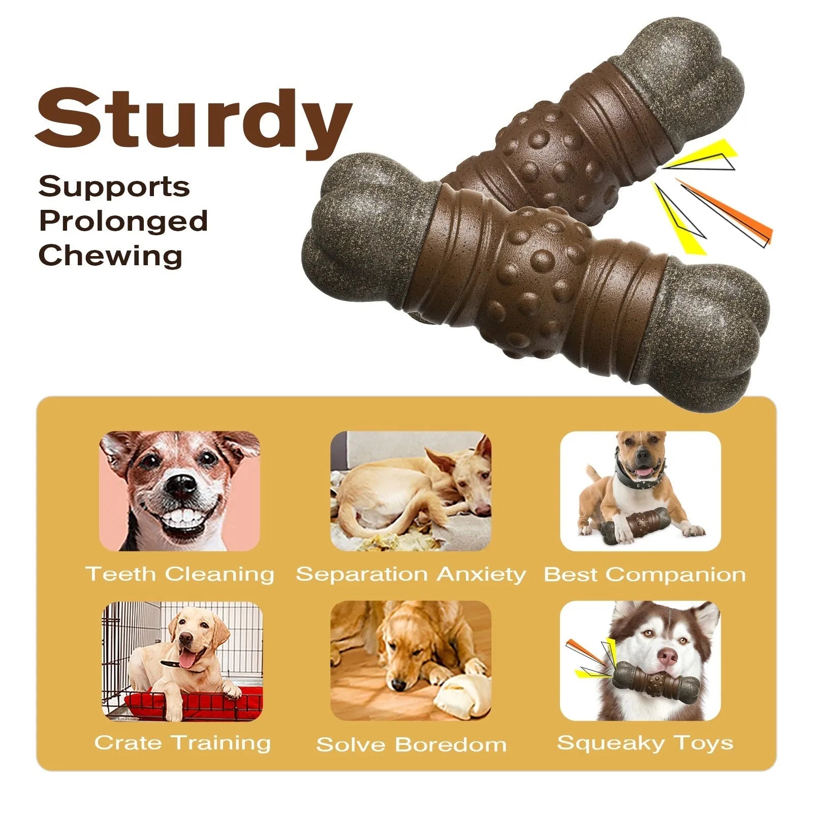 Wood colour plastic sounding bone dog toy with an integrated molar rod for chewing and teeth cleaning.