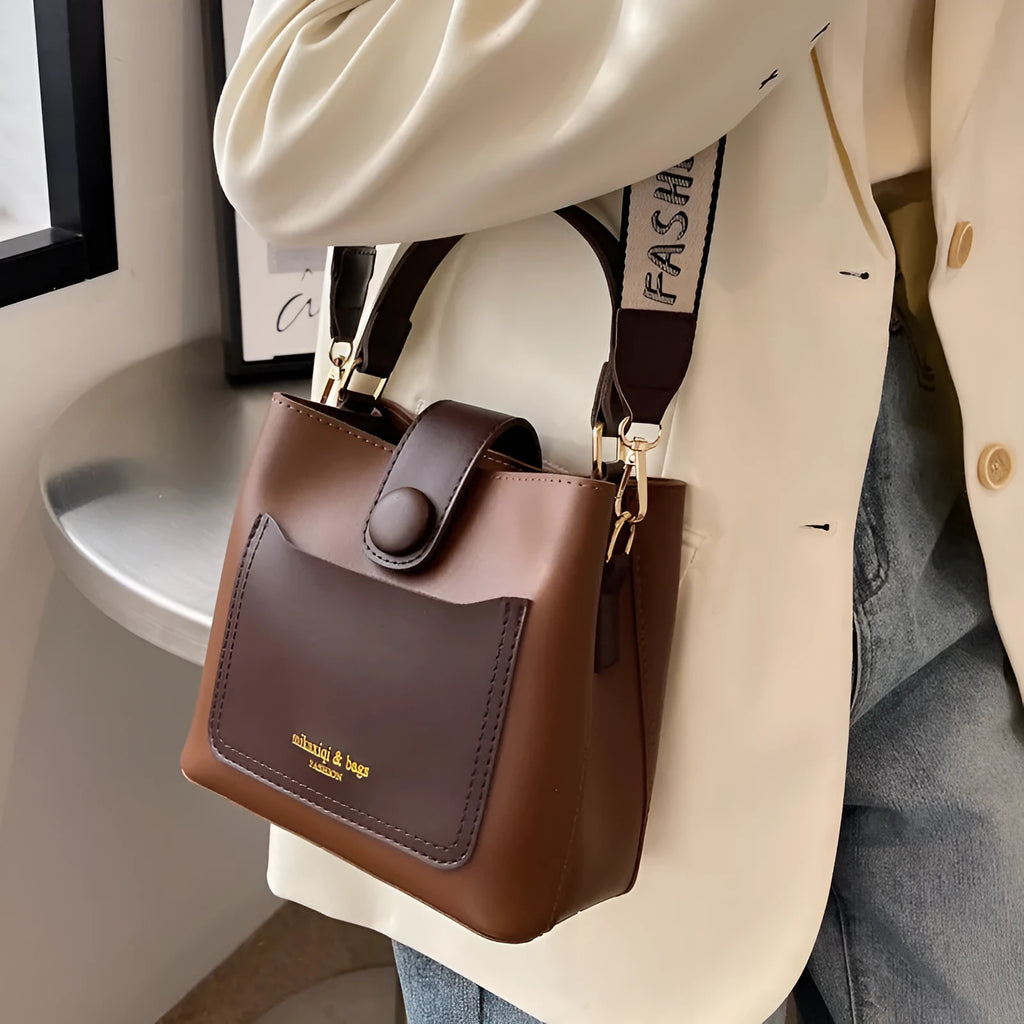 Women's PU leather crossbody bucket bag with stitching detail, urban simplicity style, available in khaki