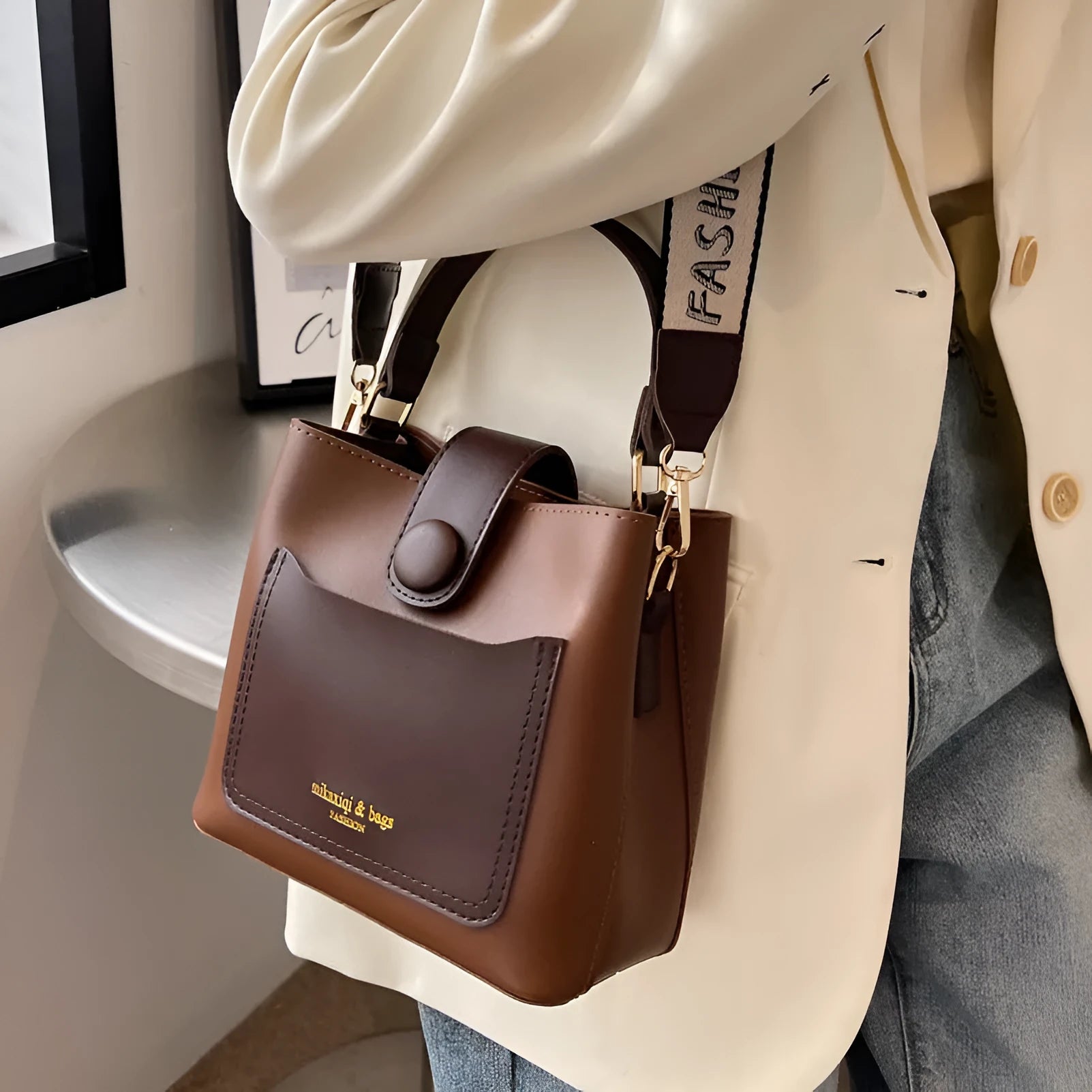 Women's PU leather crossbody bucket bag with stitching detail, urban simplicity style, available in khaki