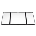 Silver portable car folding mirror shown both closed and opened on a flat surface.
