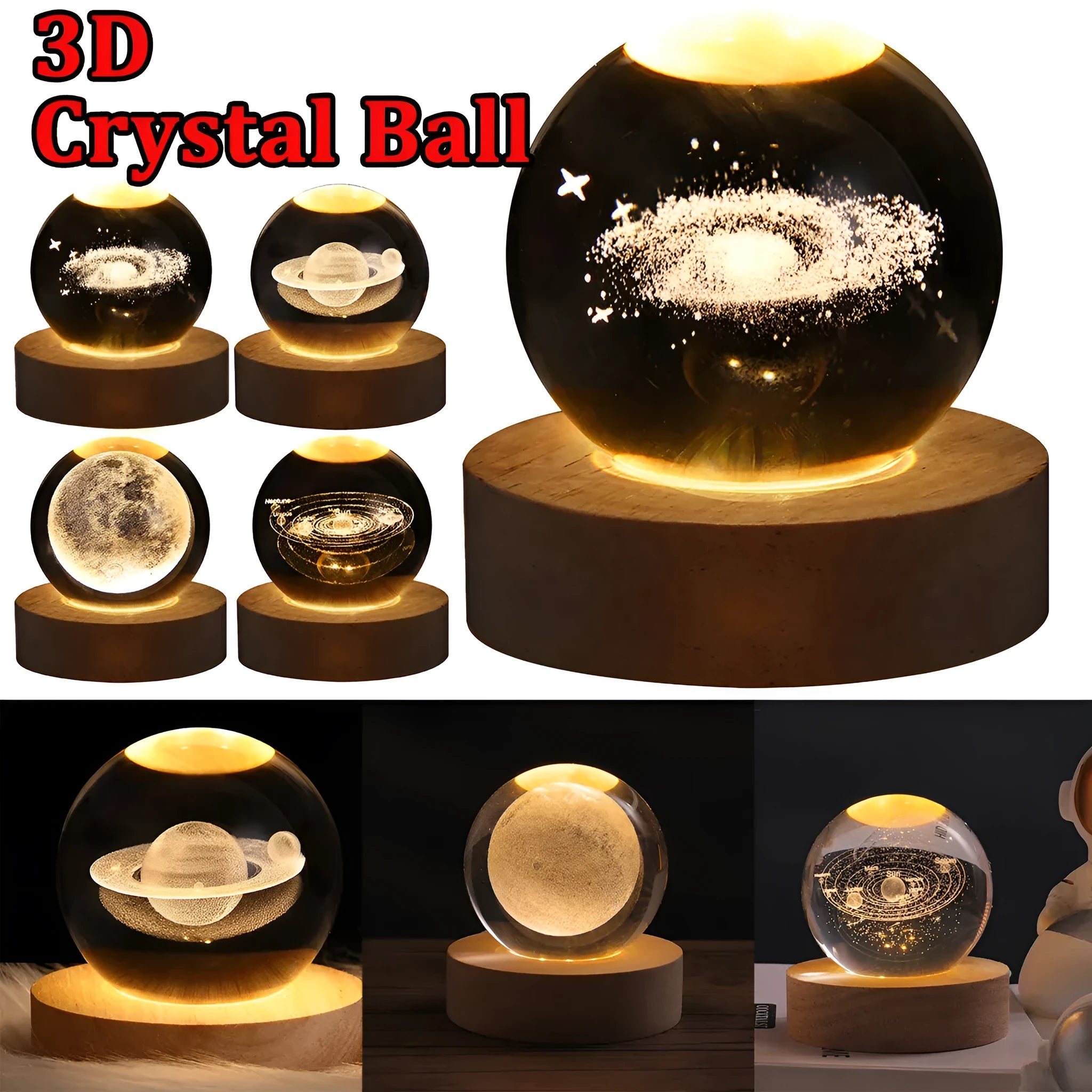 LED galaxy crystal ball night light with 3D planet designs on a table