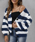 Women's striped cardigan sweater in deer plush polyester with button front in blue, black, brown, or dark green.