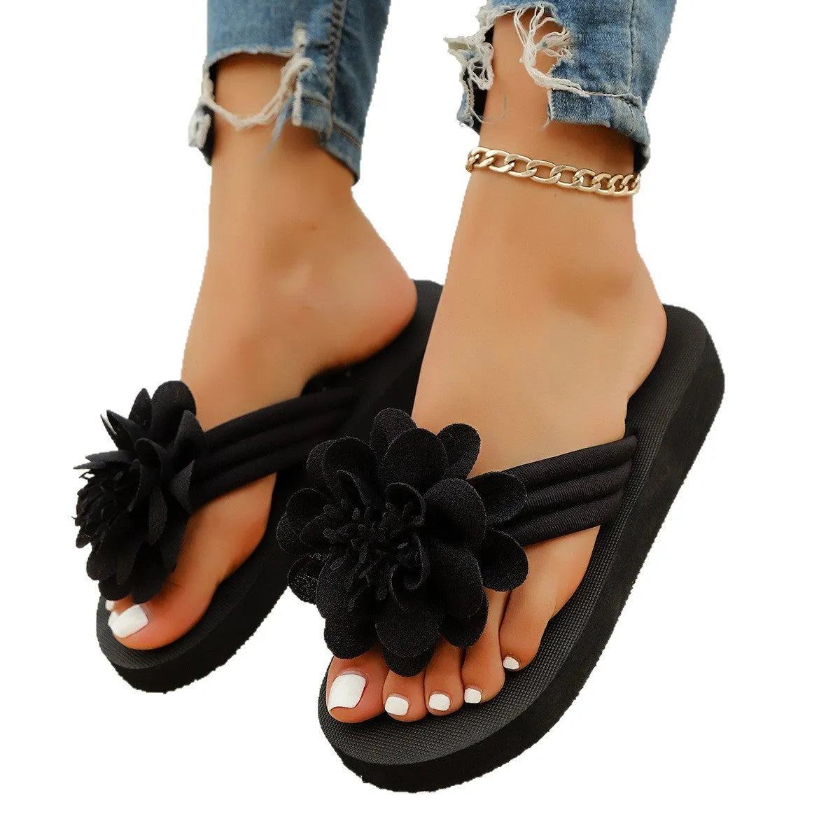 Women's floral flip-flop sandals in beige with a lightweight EVA sole.