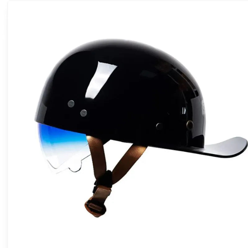 Bright black retro half helmet for electric bikes with a gradient blue visor, shown from the side.