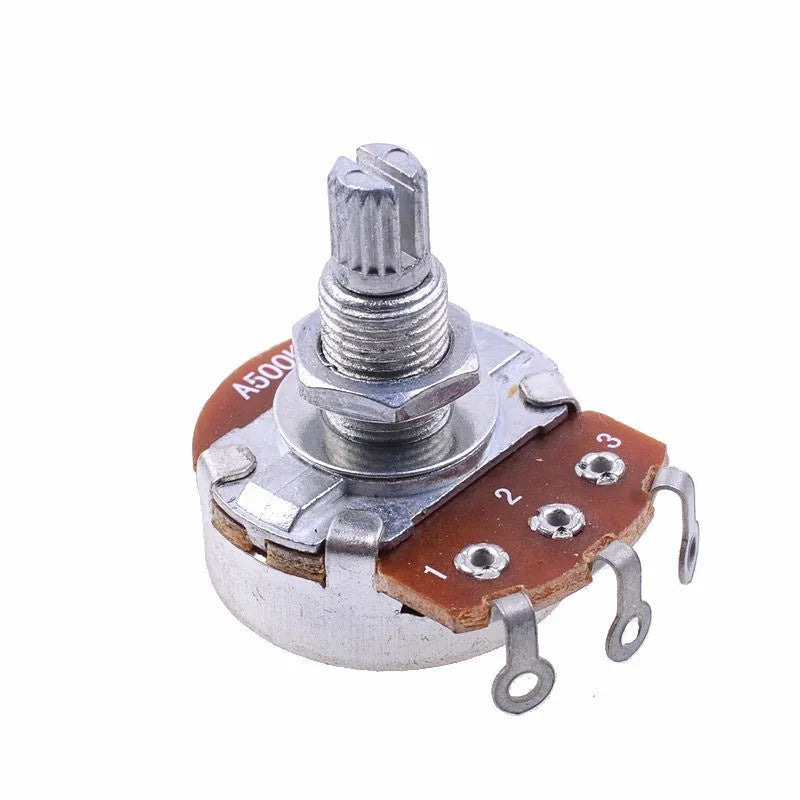 A single metal potentiometer knob for electric guitar volume and tone control.