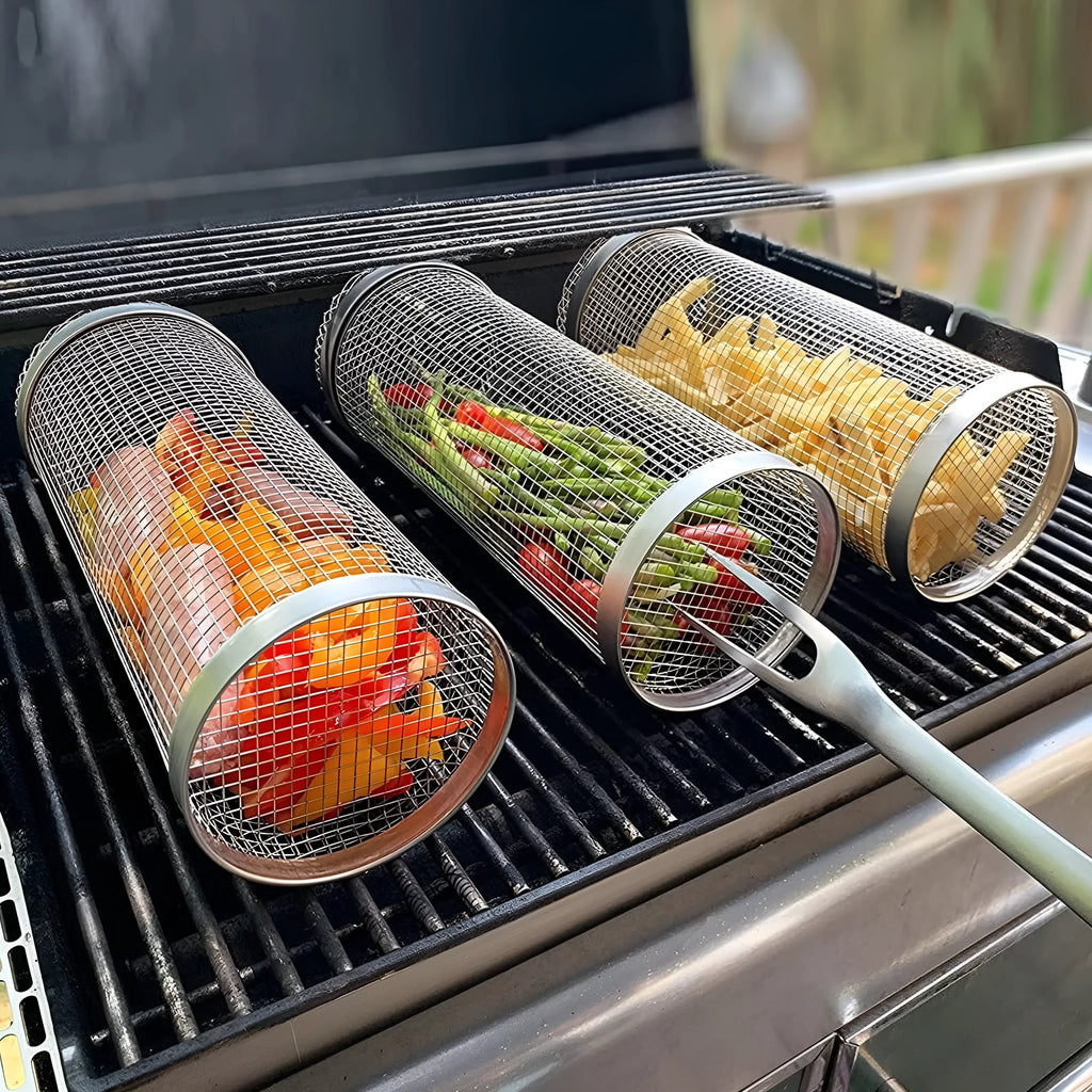 Stainless steel cylindrical rolling barbecue grill basket with wire mesh, shown with a hook.