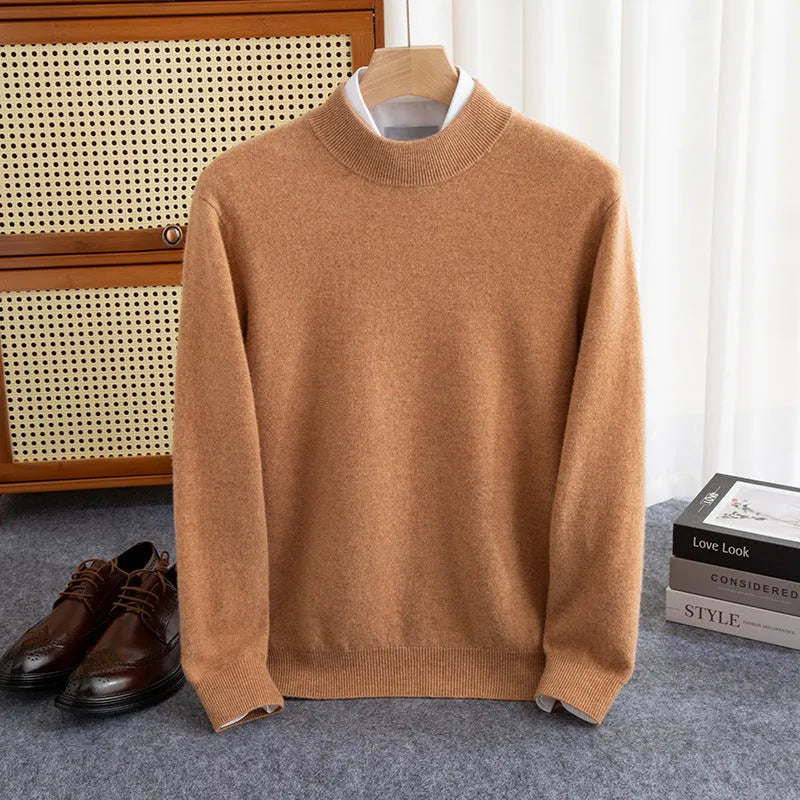 Men's half-collar wool sweater in loose fit showing half-turtleneck collar and regular sleeve design.