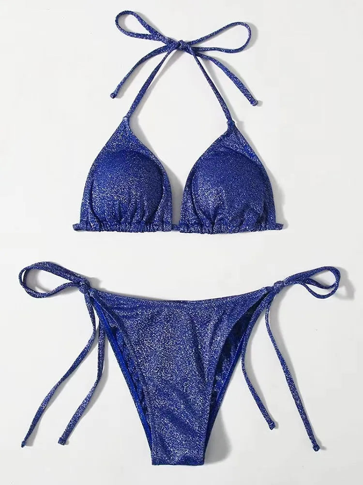 Women's khaki gold bandage detail bikini swimsuit set on a mannequin, showing top and briefs.