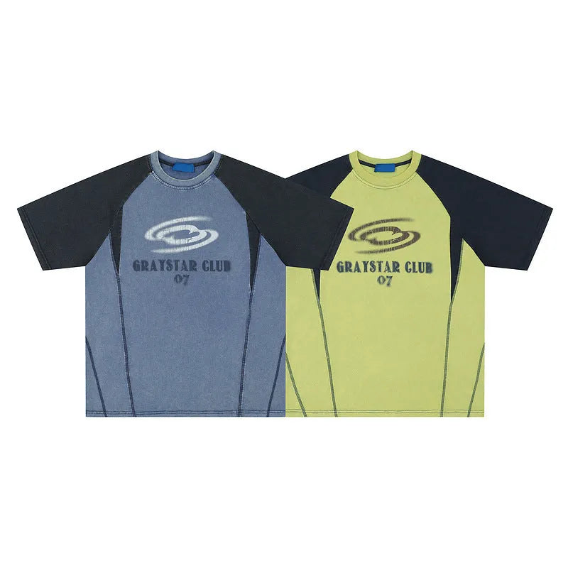 Men's blue hip hop letter print cotton t-shirt with raglan sleeves shown front view